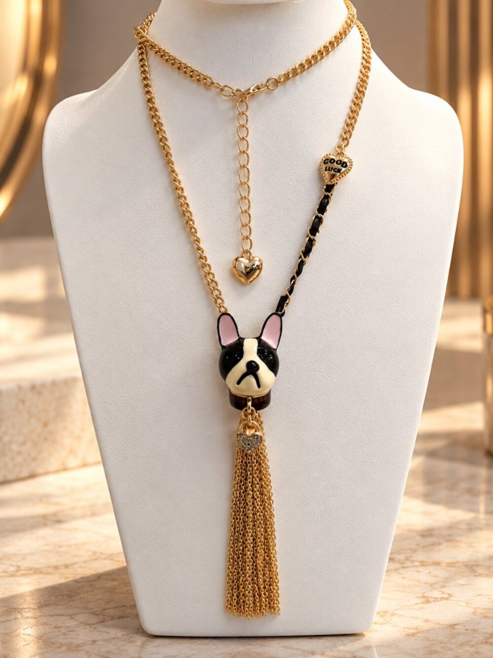 Betsey Johnson French Bulldog Tassel Necklace Gold Tone Enamel NWT